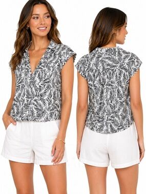 Tahari Black and White TropicPrint 100% Linen PopOver V neck Blouse Women’s Sz L